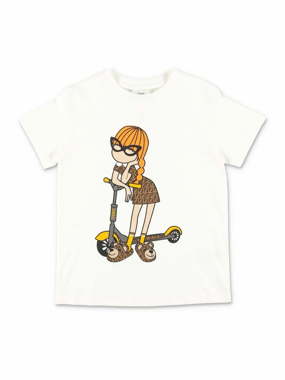 Fendi Authentic White Graphic Tee with Orange Cartoon Girl on Scooter⭐️8A
